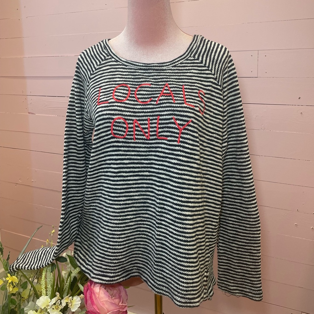 SUNDRY Striped Navy and White Sweater with Red “locals only” stitching